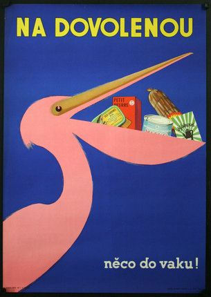a poster of a pelican with food