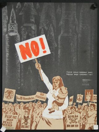 a poster of a woman holding a sign