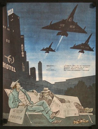 a poster of men sitting on a bench with airplanes flying in the sky