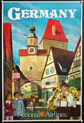a poster of a street with buildings and a clock tower