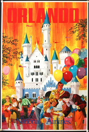 a poster of a castle with balloons