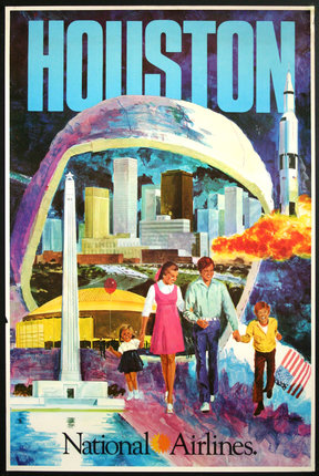 a poster of a family walking on a rocket launch