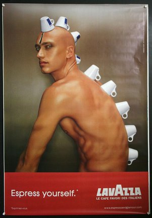a man with a bald head and a mug on his back
