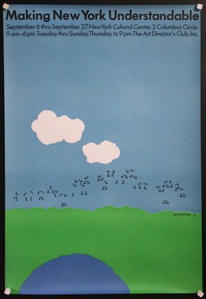 a poster with a green field and white clouds