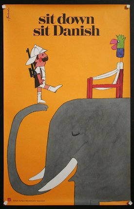 a poster with a cartoon of a man walking on an elephant