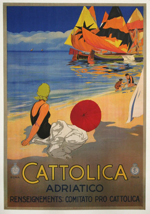 a poster of a woman sitting on the beach