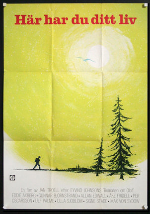 a poster with a man walking on a trail