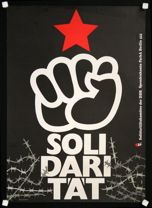 a poster with a fist and a red star