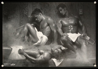 a group of people in a sauna
