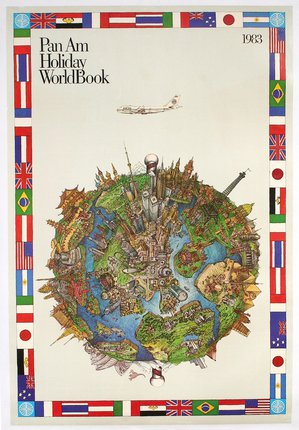 a poster of a globe with different countries/regions around it
