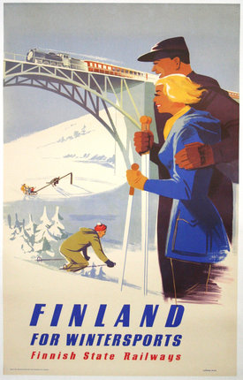 a poster of a couple of people skiing