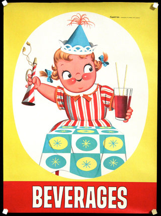 a poster of a cartoon girl holding a horn and a drink