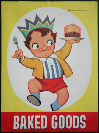 a poster of a child holding a fork and a cake
