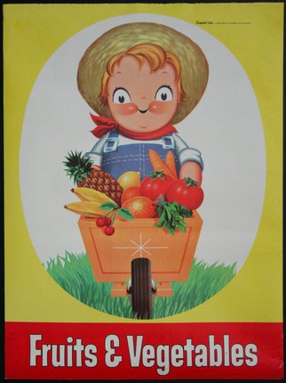 a poster with a cartoon character in a wheelbarrow full of fruits