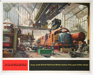 a poster of a train factory