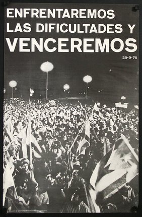 a black and white photo of a crowd of people holding flags