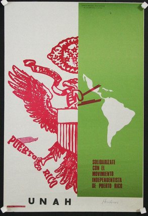 a poster with a green and red graphic