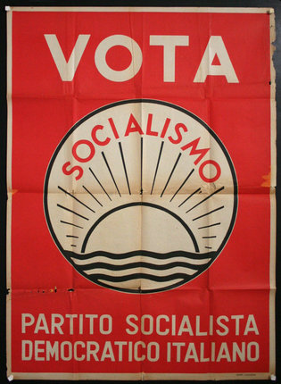 a red and white poster with a sun and waves