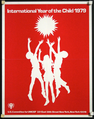 a red and white poster with silhouettes of people jumping
