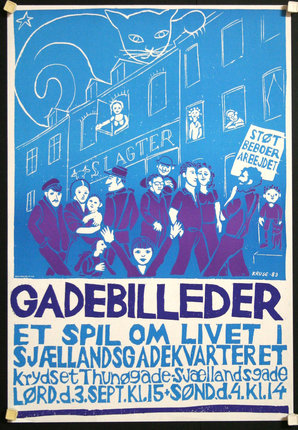 a poster with people standing in front of a building
