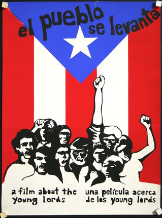 a poster with a flag and a group of people