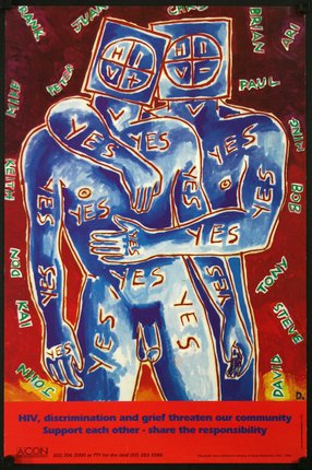 a painting of two people with words on each other