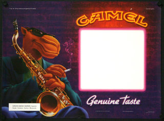 a cigarette box with a cartoon camel playing a saxophone