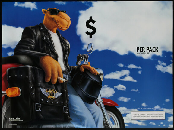 a camel wearing a leather jacket and holding a motorcycle and a cigarette