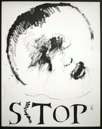 a poster with a black and white image of a face