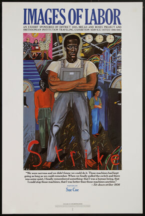 a poster of a Black worker in overalls with his arms crossed and other factory work