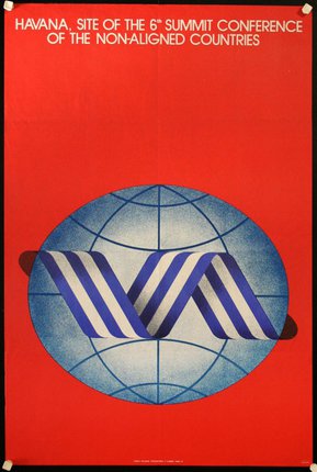 a poster with a blue and white striped ribbon