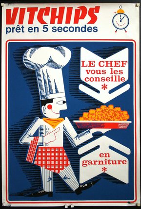 a poster of a chef holding a tray of food