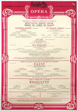 a red and white poster with text