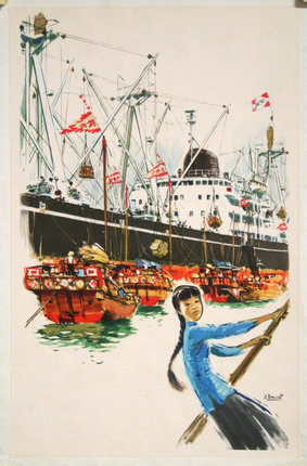 a girl holding a bow and standing in front of a large ship