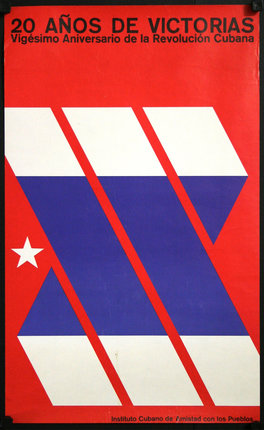 a red and blue poster with white and blue triangles