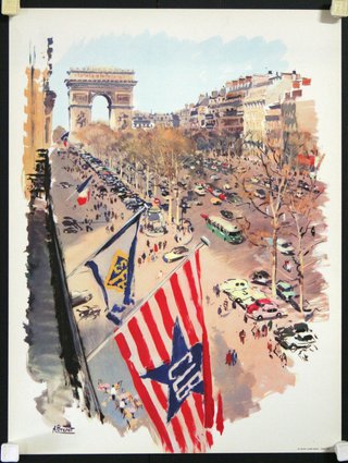 a poster of a city street with a flag