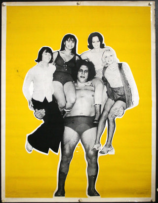 a poster with a man holding a group of women