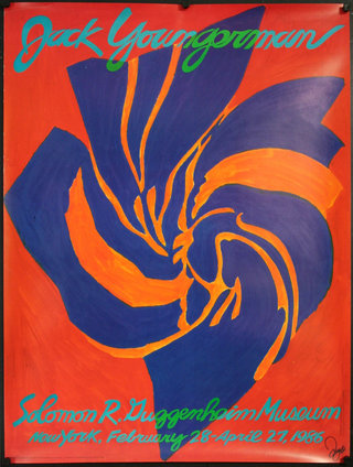 a poster with a blue and orange flower