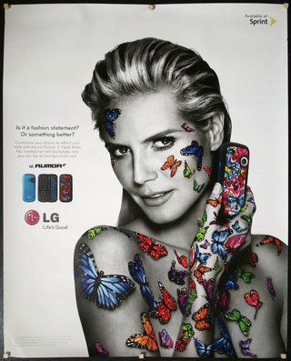 a woman with butterflies on her body and a cell phone
