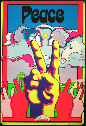 a colorful poster with a hand making a peace sign