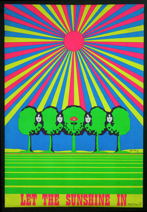 a poster with a sun and trees