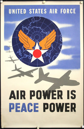 a poster with a globe and wings