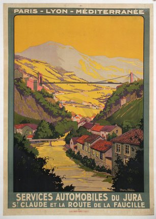 a poster of a town with a river and a bridge
