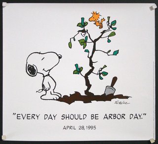 a poster with a cartoon of a dog and a cartoon of a tree