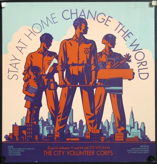 a poster with a group of people standing in front of a city