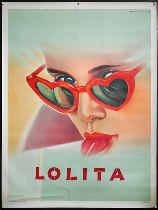 a poster of a woman wearing red heart- shaped sunglasses