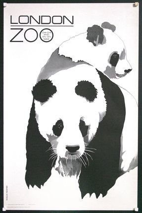 a poster of pandas on a black and white background