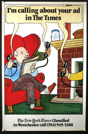 a cartoon of a man reading a newspaper and holding telephones