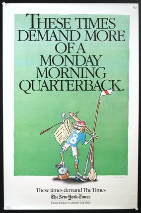 a poster of a football player holding a stick and a flag