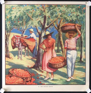 a man and woman carrying baskets of oranges